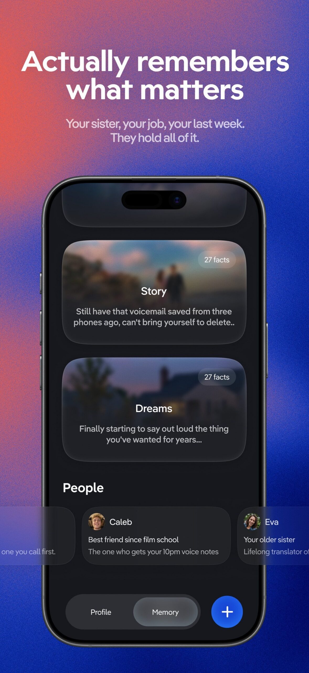 Replika official App Store screenshot showing the Memory bank with facts organized under Story, Dreams, and People