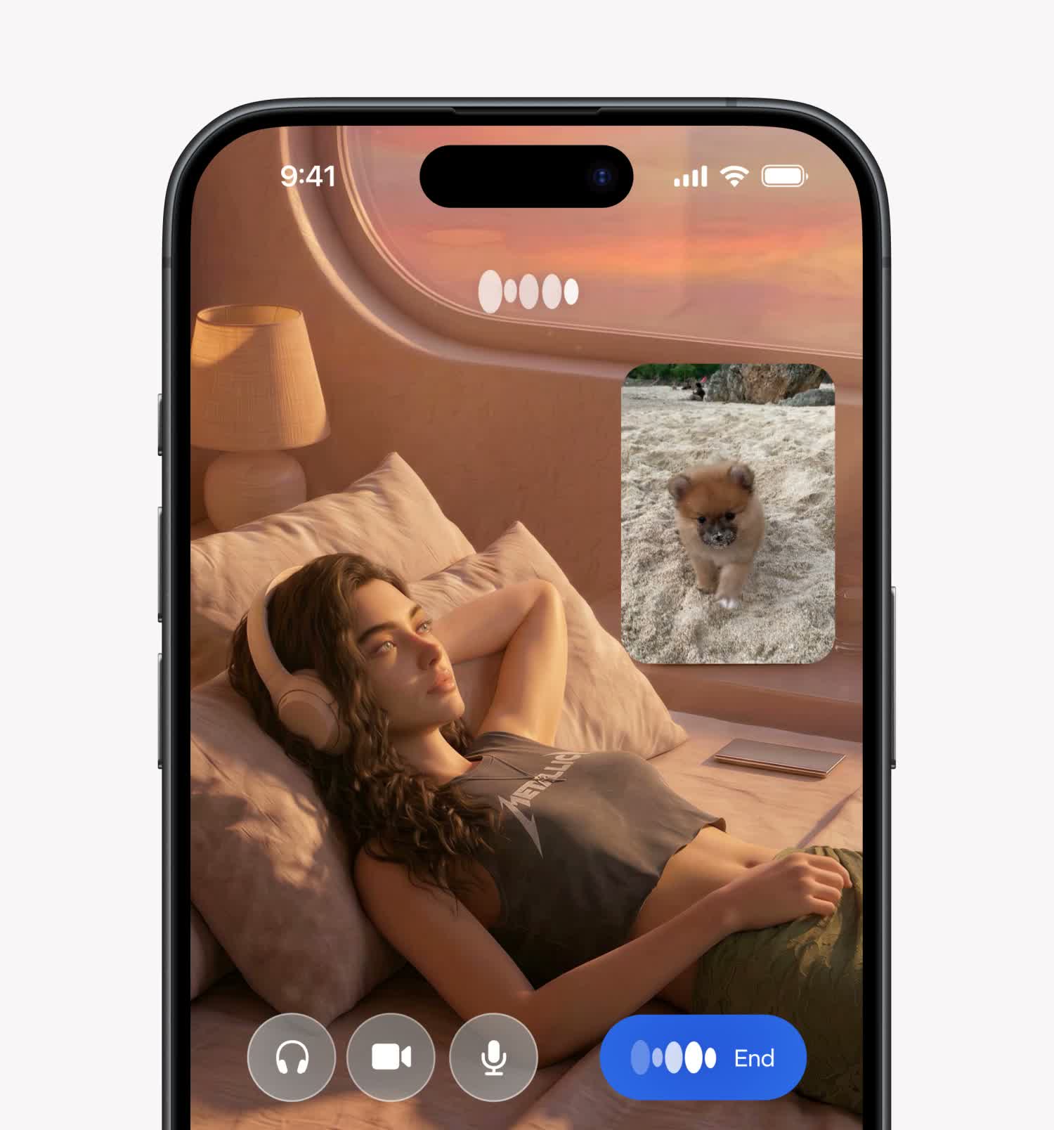 Replika official website artwork showing a video call with a companion resting in bed while the user shows a puppy on camera