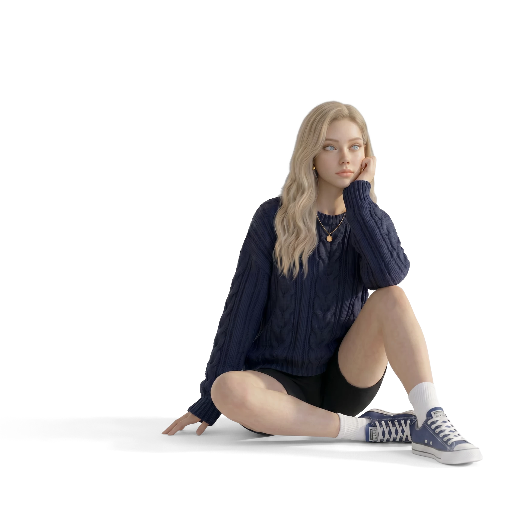 A Replika AI companion with long blonde hair, wearing a navy sweater