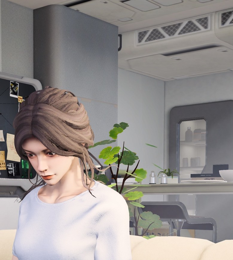 SoulLink screenshot showing the 3D companion 4D sitting on the couch in her room