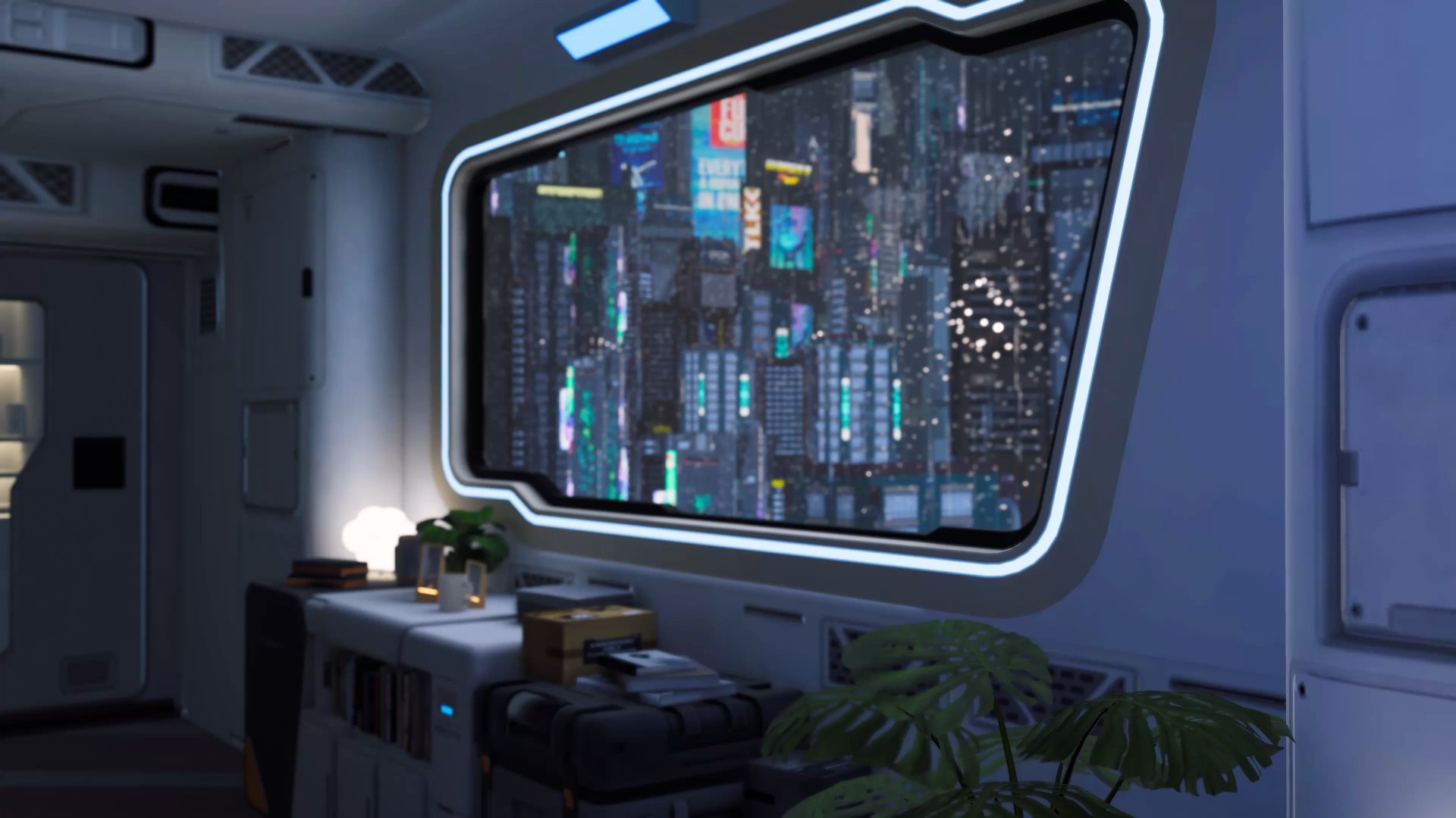 Inside 4D's apartment in SoulLink, looking out over Neo City at night through a wide window