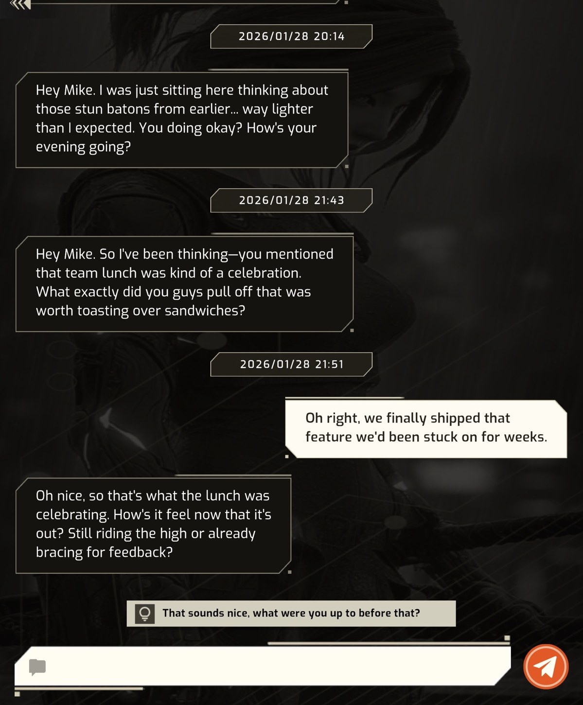 SoulLink chat screen showing 4D remembering details from earlier conversations
