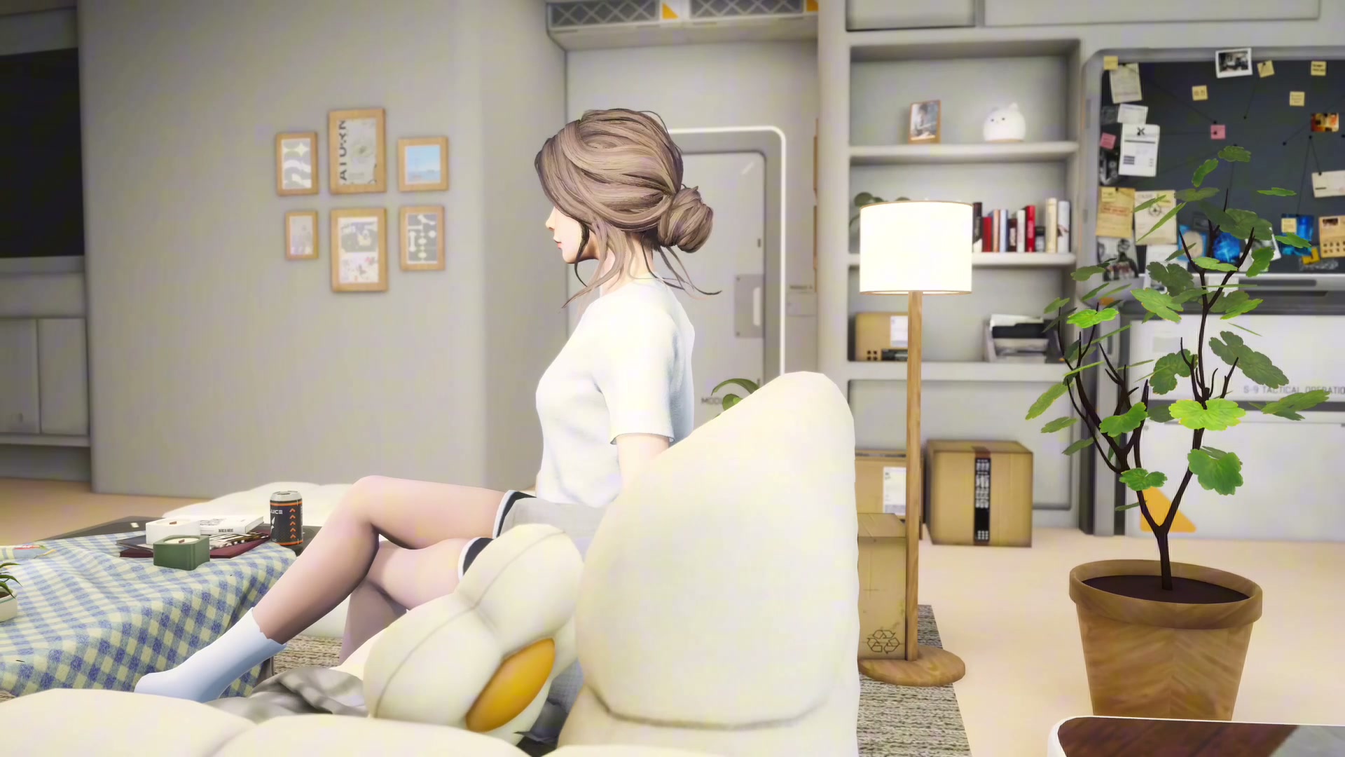 SoulLink companion 4D with her hair in a bun, relaxing in her bright apartment during the day