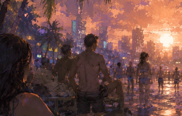 SoulLink team artwork showing a lively beach scene at sunset with a city skyline