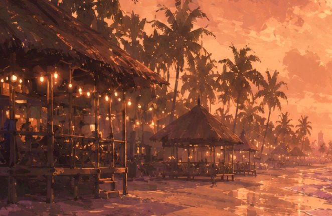 SoulLink team artwork showing beach huts with string lights and palm trees at sunset