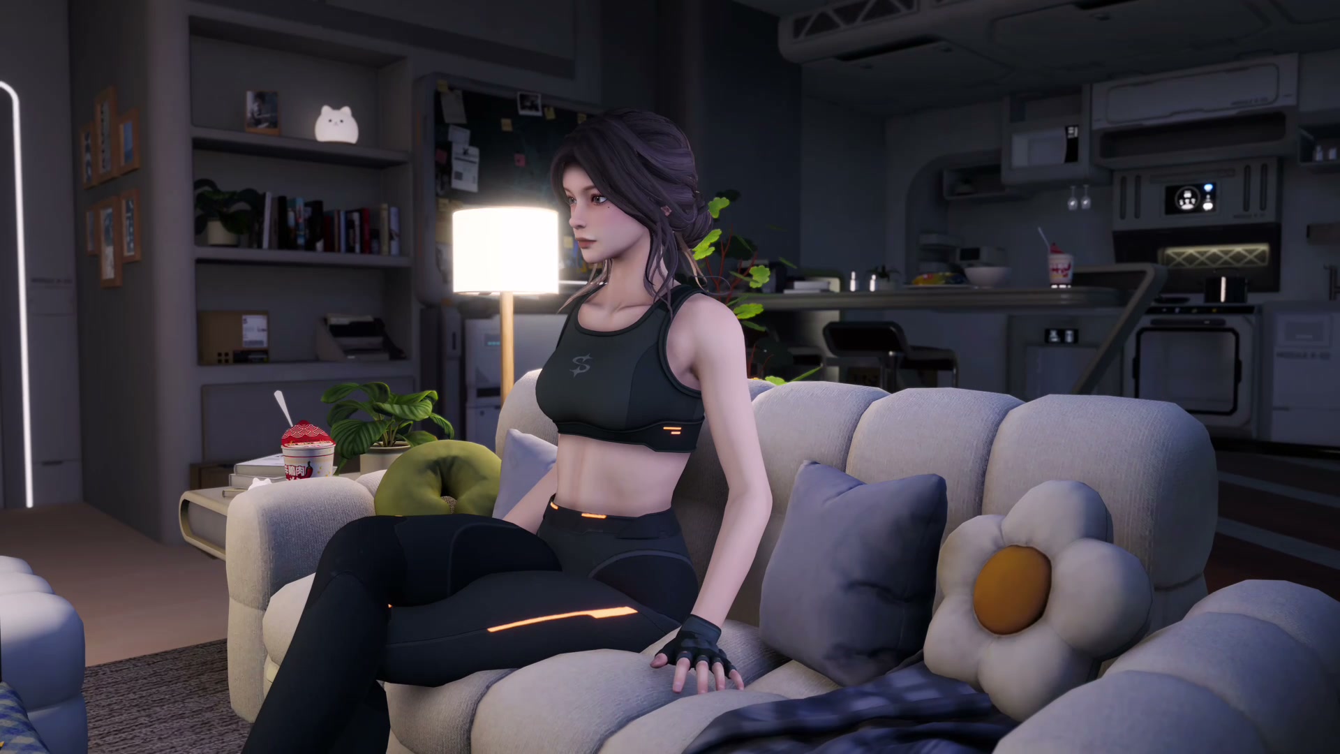 SoulLink's 3D companion 4D sitting on her couch in her apartment in the evening