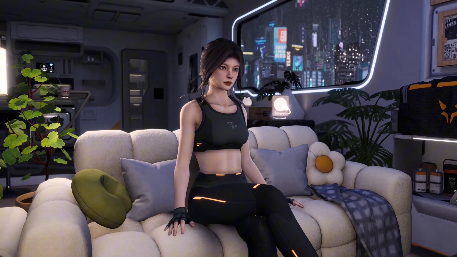 The SoulLink companion sitting on her couch at night with the Neo City skyline behind her