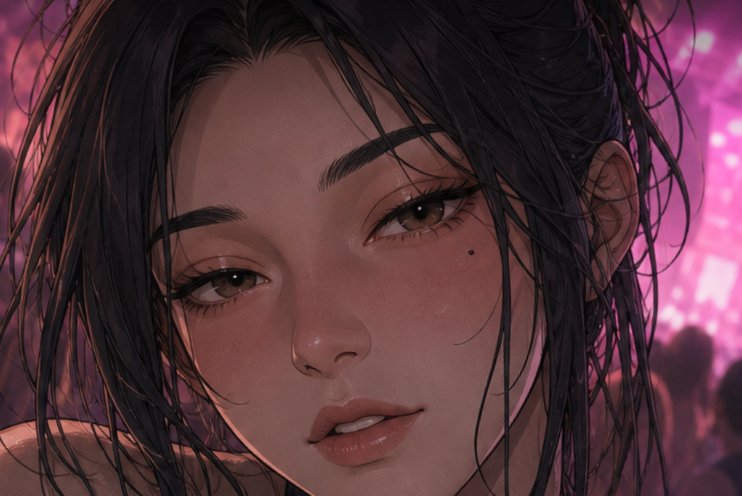 Painterly portrait of a young woman with dark hair against pink neon light, from the SoulLink team artwork collection