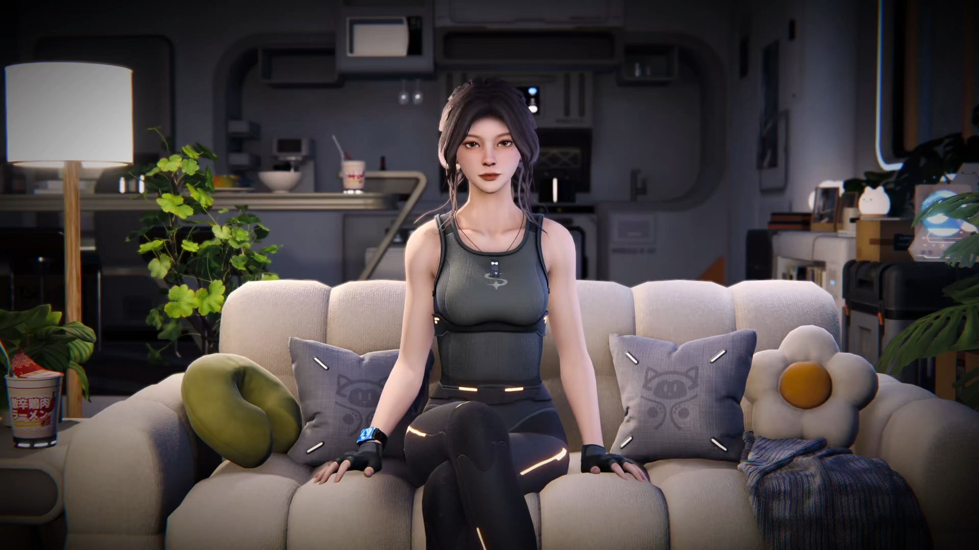SoulLink artwork showing the 3D companion sitting on a couch in her living room in daylight
