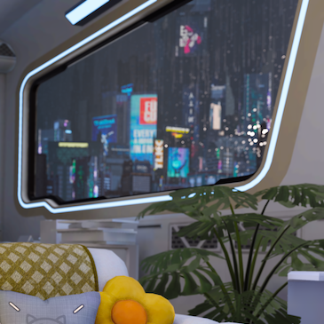 SoulLink official website artwork looking through a window at the futuristic Neo City skyline