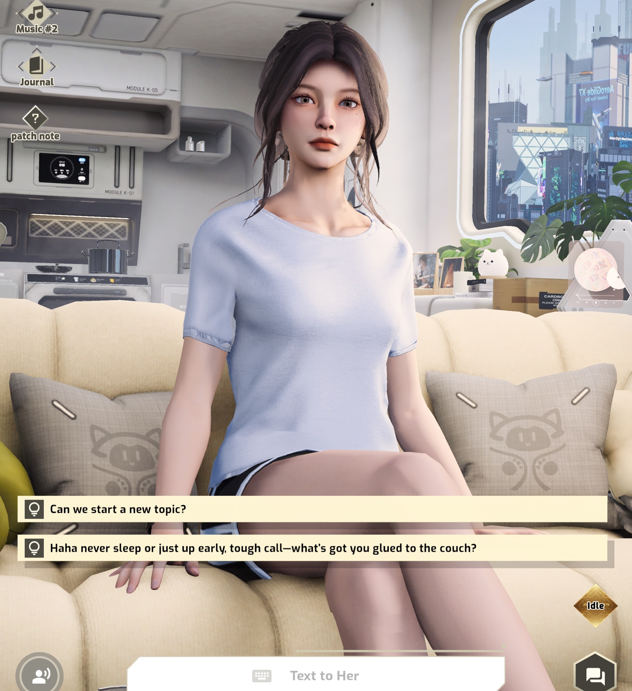 4D sitting in her room in SoulLink, with the Journal icon on the left of the screen