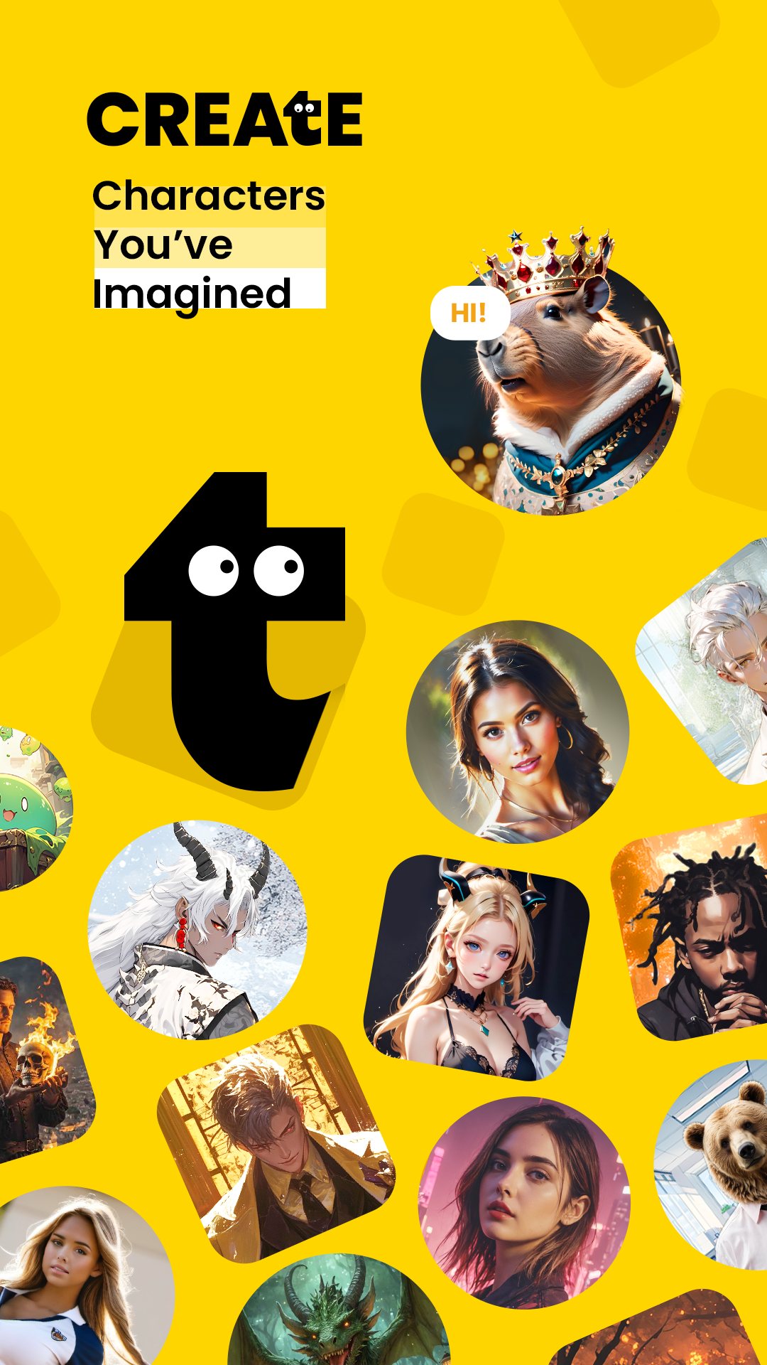 Talkie Google Play screenshot showing character creation and a grid of AI character portraits
