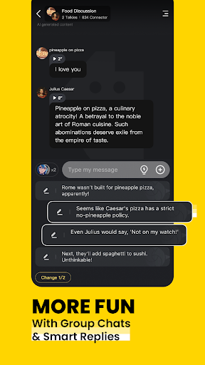 Talkie Google Play screenshot showing a group chat with Julius Caesar
