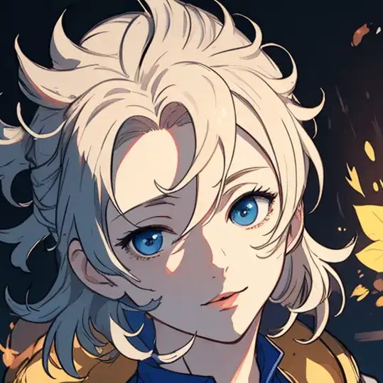 Talkie official website character artwork of a silver haired anime character with blue eyes against a dark background with falling leaves