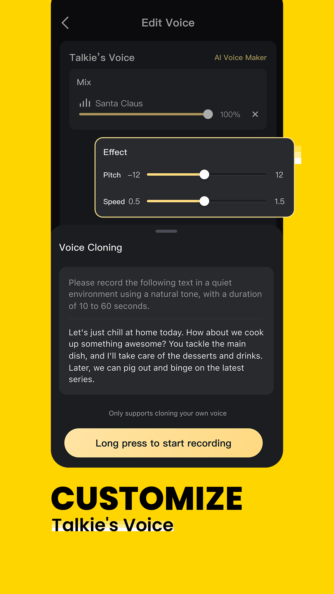 Talkie official Google Play screenshot showing the voice customization screen with pitch, speed, and voice cloning options