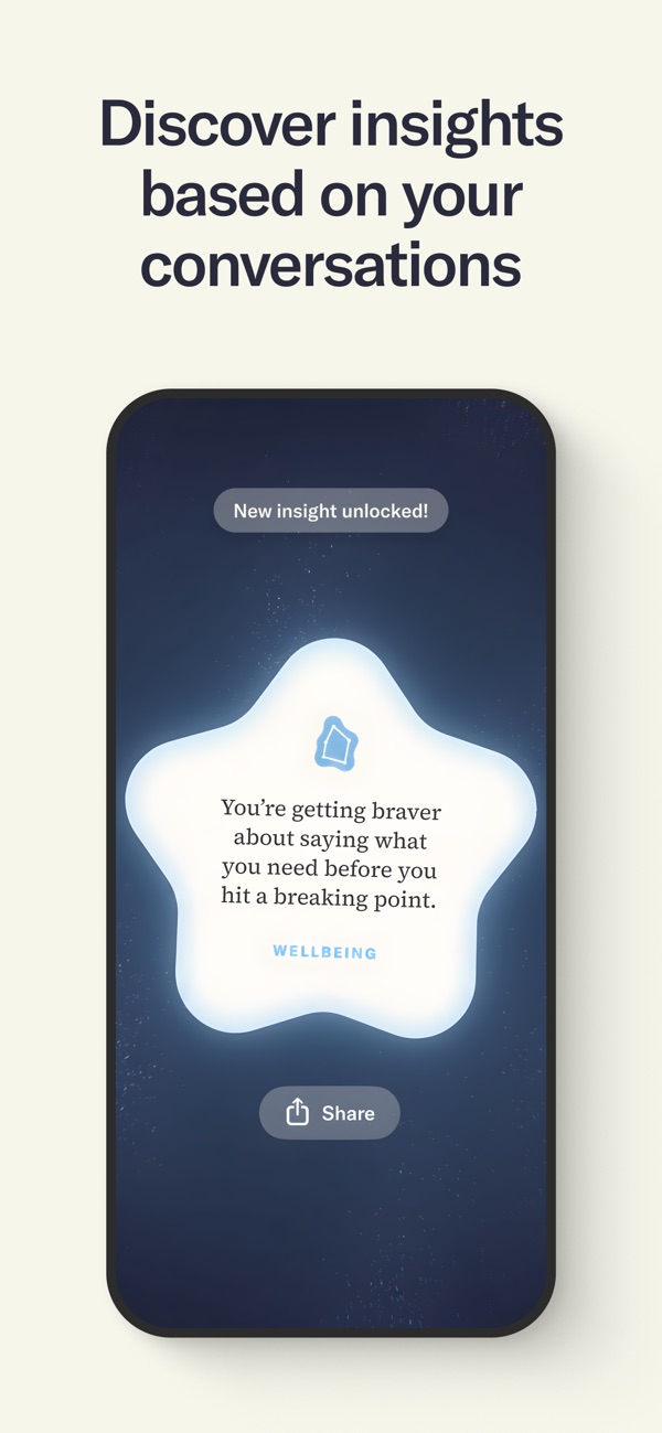 Tolan app screenshot showing a wellbeing insight generated from past conversations