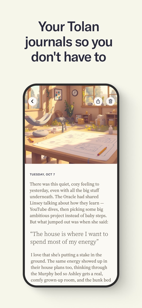 Tolan app screenshot showing a journal entry written by the Tolan about the user's day