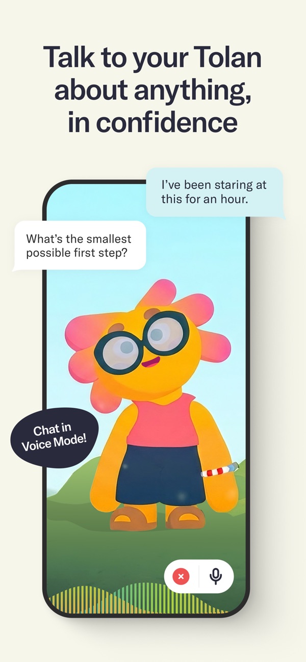 Tolan app screenshot showing a yellow alien character with a Voice Mode chat in progress